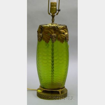 Art Nouveau Gilt-metal Mounted Loetz-type Iridescent Green Glass Vase Table Lamp