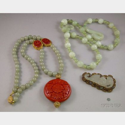 Carved Jade and Quartz Beaded Necklace, Coromandel and Jade Beaded Necklace, and a Gilt Silver, Enamel, and Car... 