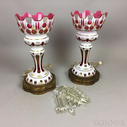 Pair of Overlay White Cut-to-cranberry Glass Lustres