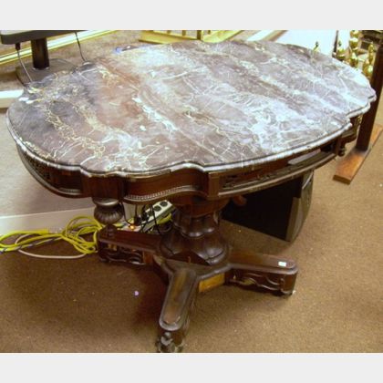 Victorian Rococo Revival Black Marble-top Walnut and Rosewood Veneer Pedestal-base Center Table