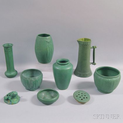 Eight Matte Green Glazed American Pottery Items