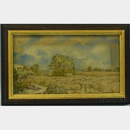 Framed Watercolor Needlework Picture of a Harvest Scene
