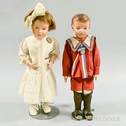 Two Schoenhut Carved and Painted Wood Dolls