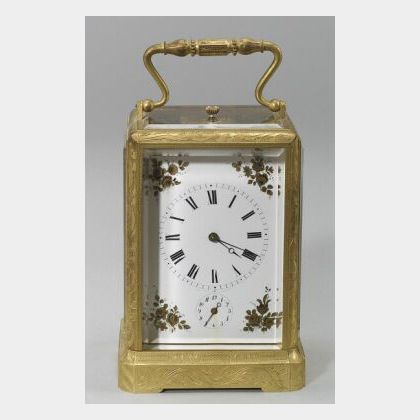 French Engraved Bronze Half Striking Repeating Alarm Carriage Clock
