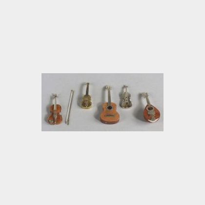 Group of Five Miniature Continental Silver and Silver Mounted Stringed Instruments