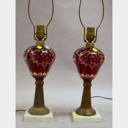Pair of Etched Ruby Flash Glass and Brass Table Lamps with White Marble Bases. 