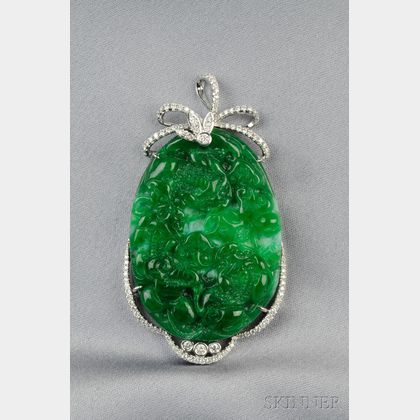 18kt White Gold, Carved Jade, and Diamond Pendant