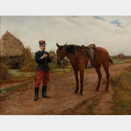 Étienne Prosper Berne-Bellecour (French, 1838-1910) French Cavalryman Pausing for a Smoke