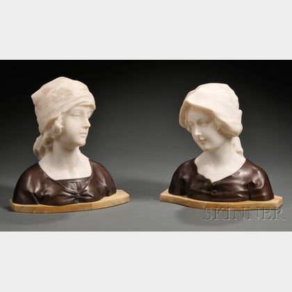 Pair of Bronze and Alabaster Busts of Young Women