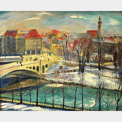 American School, 20th Century Winter Scene by a River.
