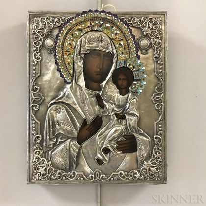 Russian Icon with Enameled and Silvered Metal Riza of the Kazan Mother of God