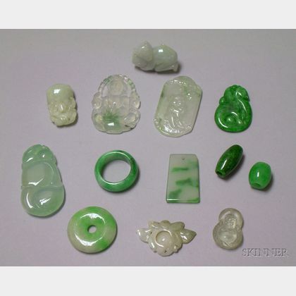 Green Jade Saddle Ring and Twelve Mostly Jade Pendants and Beads