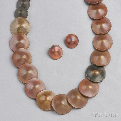 Patinated Copper Disc Necklace and Earclips, Robert Lee Morris