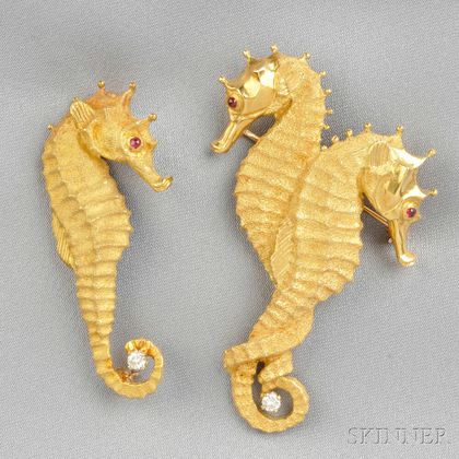 Two 18kt Gold and Diamond Seahorse Brooches
