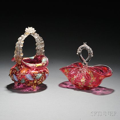 Two Moser-type Enameled and Gilded Cranberry Glass Baskets
