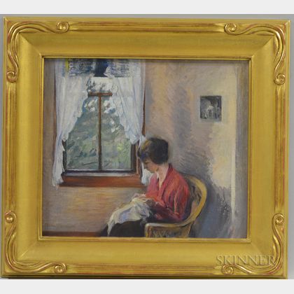 American School, 20th Century Young Woman Sewing by a Window