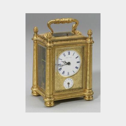French Engraved Bronze Dore Repeating Carriage Clock