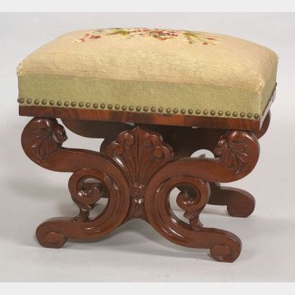 Classical Carved and Veneered Mahogany Overupholstered Footstool