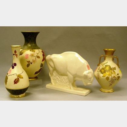 Three Wedgwood Gilt and Enamel Floral Decorated Porcelain Vases and a Skeaping Buffalo Figure