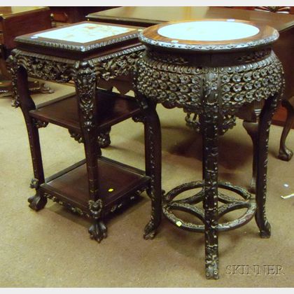 Two Chinese Export Marble-inset Carved Hardwood Stands