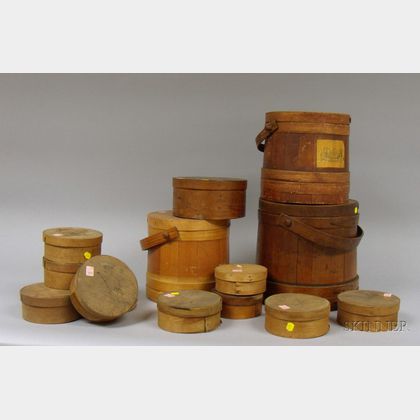 Three Wooden Firkins with Covers and Eleven Small Circular Wood Lap-sided Pantry Boxes with Covers. 