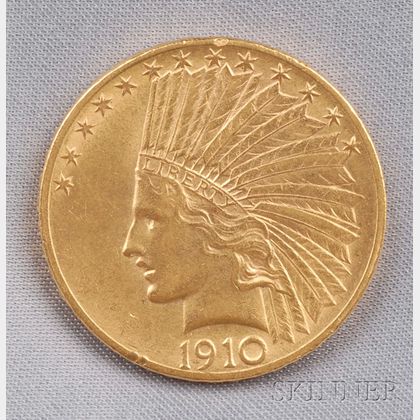1910 Indian Head Eagle Ten Dollar Gold Coin. Estimate $500-700