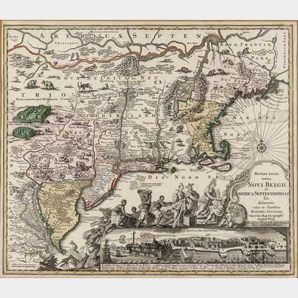 New England, New York, and New Jersey. Matthias Seutter (1678-1757) Recens Edita Totius Novi Belgii in America Septentrionale.