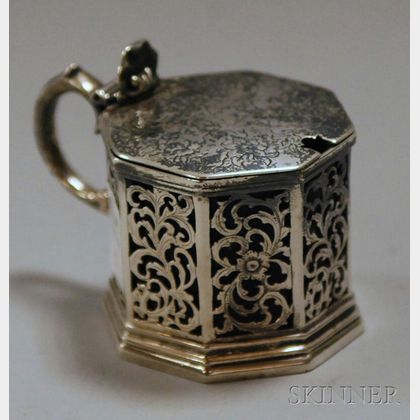 Victorian Reticulated Silver Cobalt Glass-lined Mustard Pot