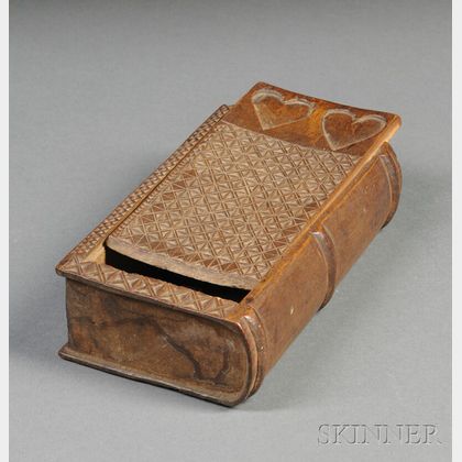 Chip-carved Wooden Book-form Slide-lid Box with Heart Decoration
