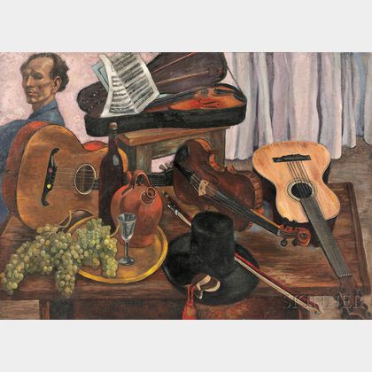 Bertram Hartman (American, 1882-1960) Still Life with Stringed Instruments and Self Portrait
