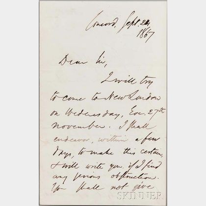 Emerson, Ralph Waldo (1803-1882) Autograph Letter Signed, Concord, 24 September 1867.
