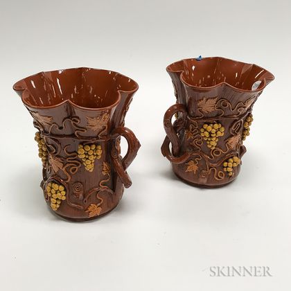 Pair of Redware Vases with Applied Grapevines