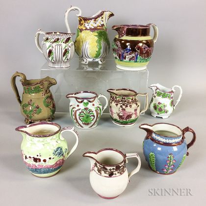 Ten Staffordshire Relief-molded Pink Lustre Ceramic Jugs