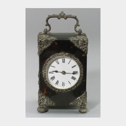 English Faux Tortoiseshell and Silver Mounted Half Striking Carriage Clock