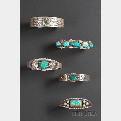 Five Silver and Turquoise Bracelets