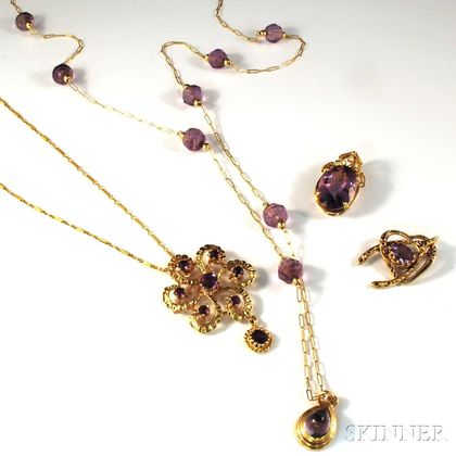 Four Pieces of Gold and Amethyst Jewelry