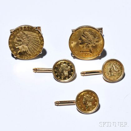 Gentlemans Gold Coin-mounted Dress Set, comprising a pair of cuff links and three shirt studs, each with an American gold coin, 14kt g 