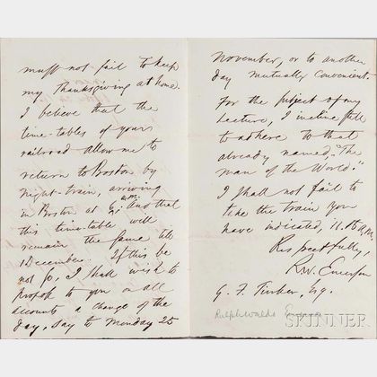 Emerson, Ralph Waldo (1803-1882) Autograph Letter Signed, 24 October 1867.