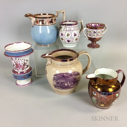 Six Pink Lustre Ceramic Vessels