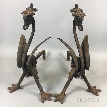 Pair of Cast Iron Griffin-form Andirons
