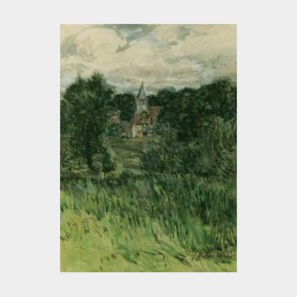 Julien Alden Weir (American, 1852-1919) Springtime Meadow with Distant Church