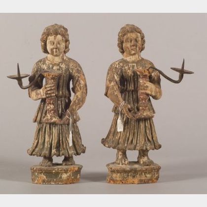 Two European Carved Wood and Gesso Angel-form Pricketsticks