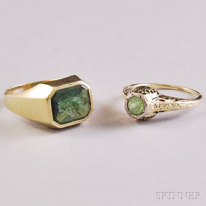 Two Gold and Green Gemstone Rings