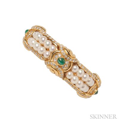 18kt Gold, Emerald, Cultured Pearl, and Diamond Bracelet