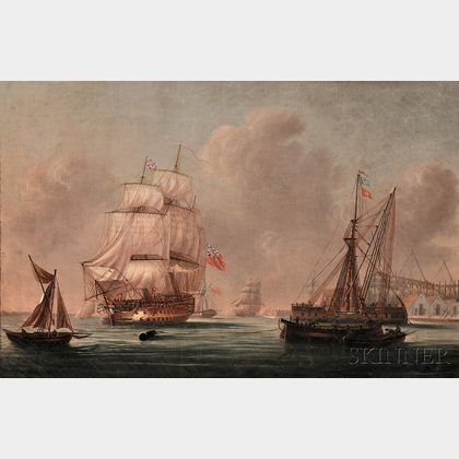 School of Thomas Whitcombe (British, 1763-1824) War Ship at Port (Possibly Southampton)