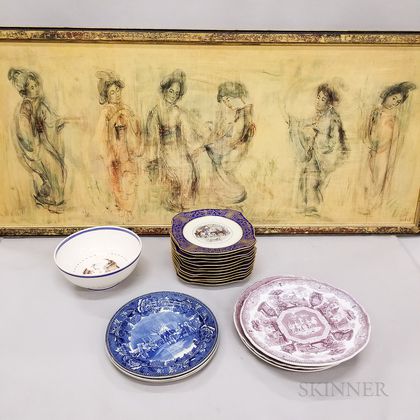 Framed Edna Hibel Print and Twenty Transfer-decorated Dishes. Estimate $150-250