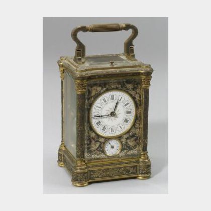 Aesthetic Movement Engraved and Patinated Bronze Carriage Clock