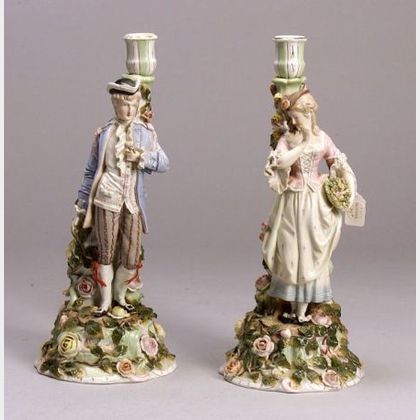 Pair of Dresden Porcelain Floral Encrusted Figural Candlesticks