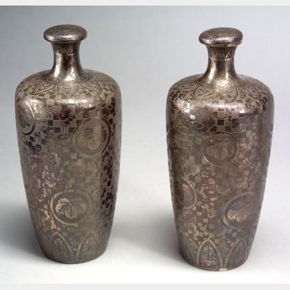 Pair of Silver Covered Sake Bottles