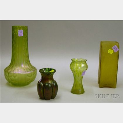 Three Loetz-type Art Glass Vases and an Art Deco Amber Crackle Glass Shade. 